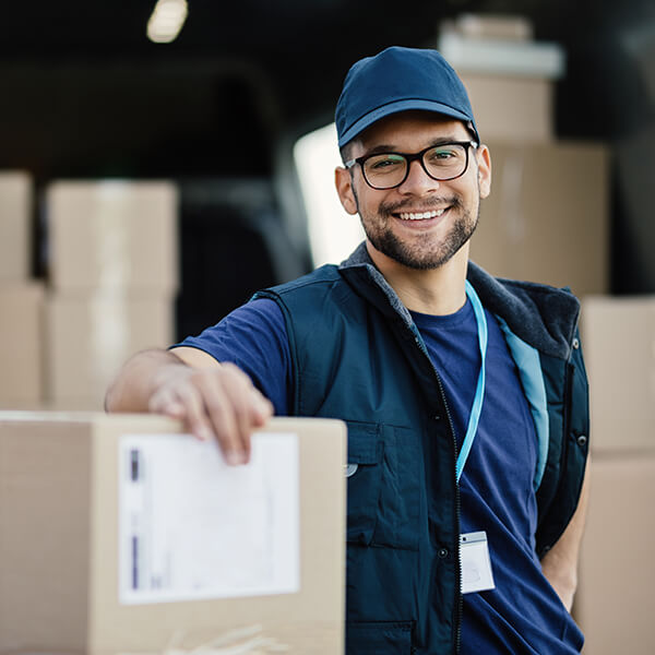 A package delivery person wearing a cap and glasses is standing among boxes, holding a labeled package.