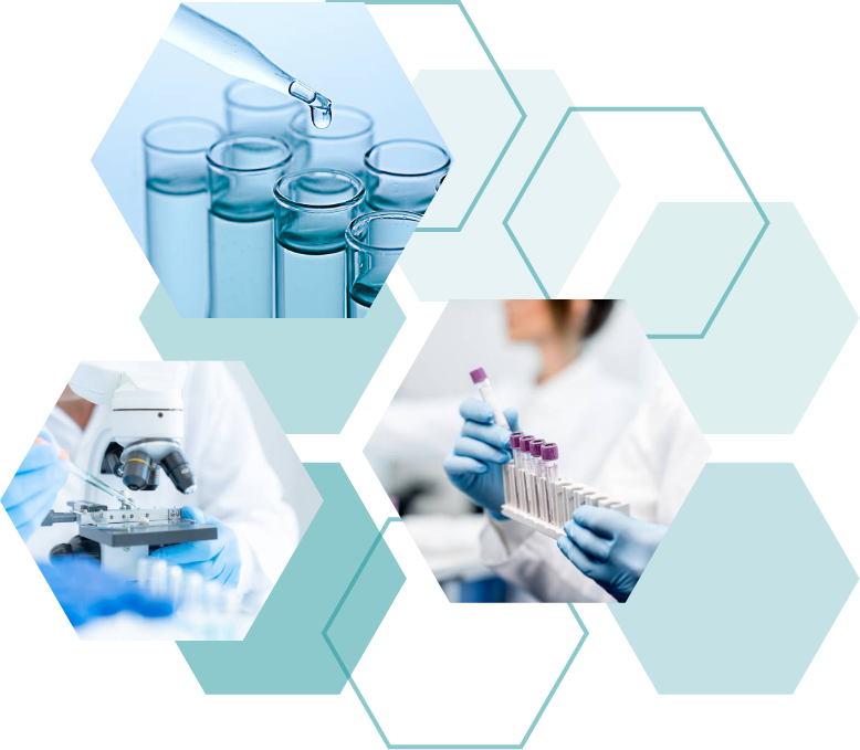 A collage of laboratory photos featuring test tubes, a pipette, a microscope, and a person holding blood samples, arranged in a hexagonal layout